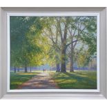 20th century - figures walking in a sunlit park, indistinctly signed, coloured reproduction on a