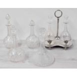 John Harrison plated decanter stand with two etched glass decanters with stoppers, 14" high;