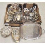 Collection of silver plated table wares to include engraved double handled tray, teapots, coffee