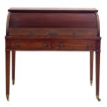 Sheraton style reproduction tambour desk/bureau, the rolling tambour front enclosing fitted interior