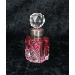 Edwardian silver mount pink and clear cut glass overlaid scent bottle with stopper, of heart shape
