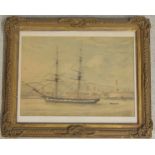 English School (19th century) - an English warship in a harbour, possibly Valetta, Malta, pencil and