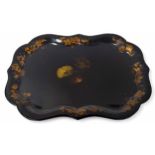 Victorian papier mache serpentine serving tray, decorated with gilt floral and foliate sprays, 24" x