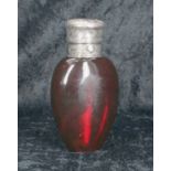 Victorian silver mounted cranberry glass teardrop scent bottle, the scrolling foliate engraved