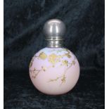 Victorian Thomas Webb silver mounted Burmese glass globe scent bottle, with gilded overlaid