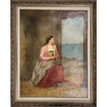 English School (19th century) - fish girl seated in a cottage looking out on a beach with other