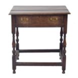 Georgian oak side table, the moulded top over a single frieze drawer upon turned baluster supports