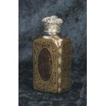 Victorian ruby glass scent bottle, with gilded foliate scrolls and panels around a lovebird oval