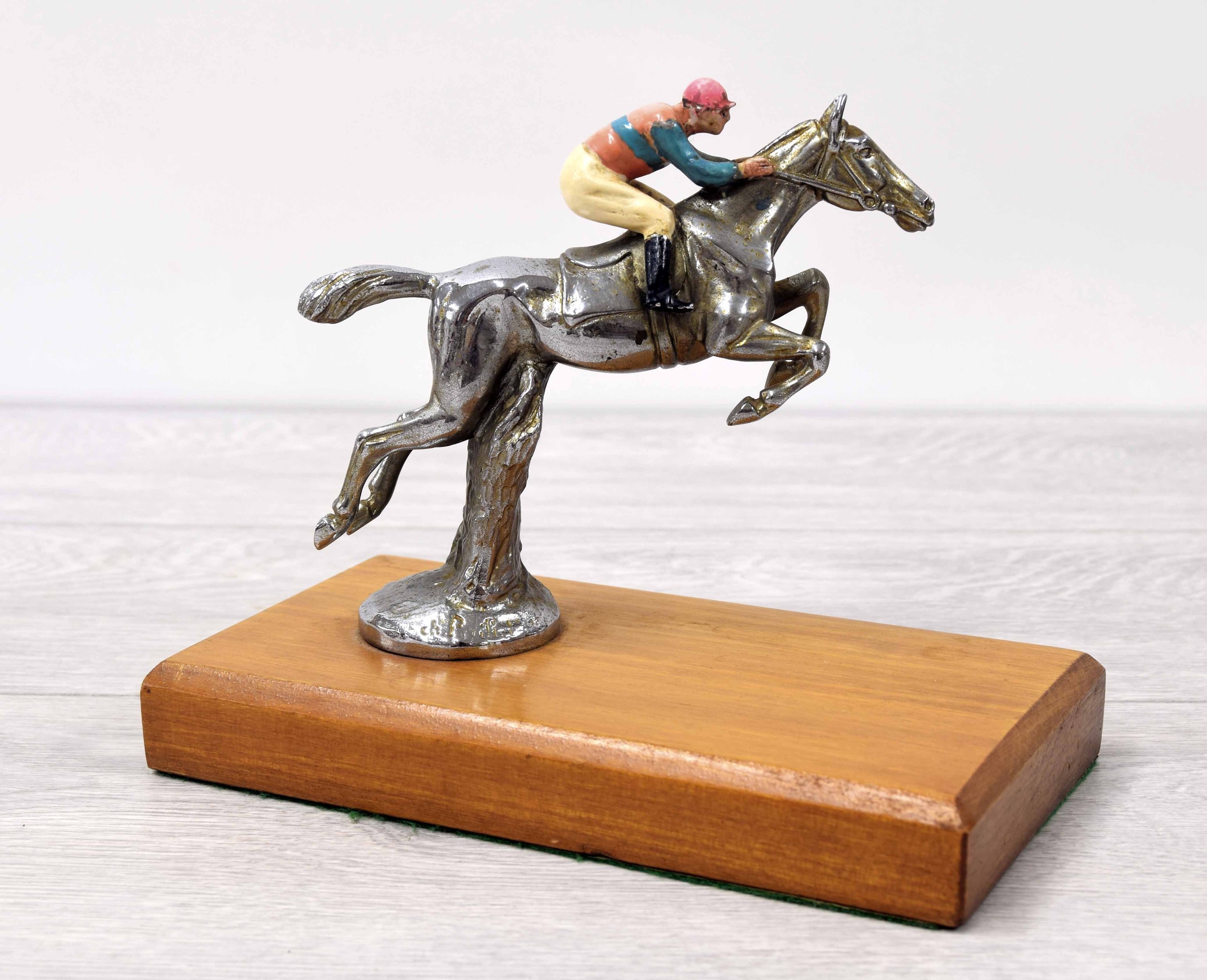 Chrome steeplechase horse and jockey car mascot, indistinctly signed possibly CH.P...ILIET