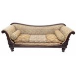 Victorian mahogany upholstered scroll end settee, 90" wide, 30" deep, 34" high