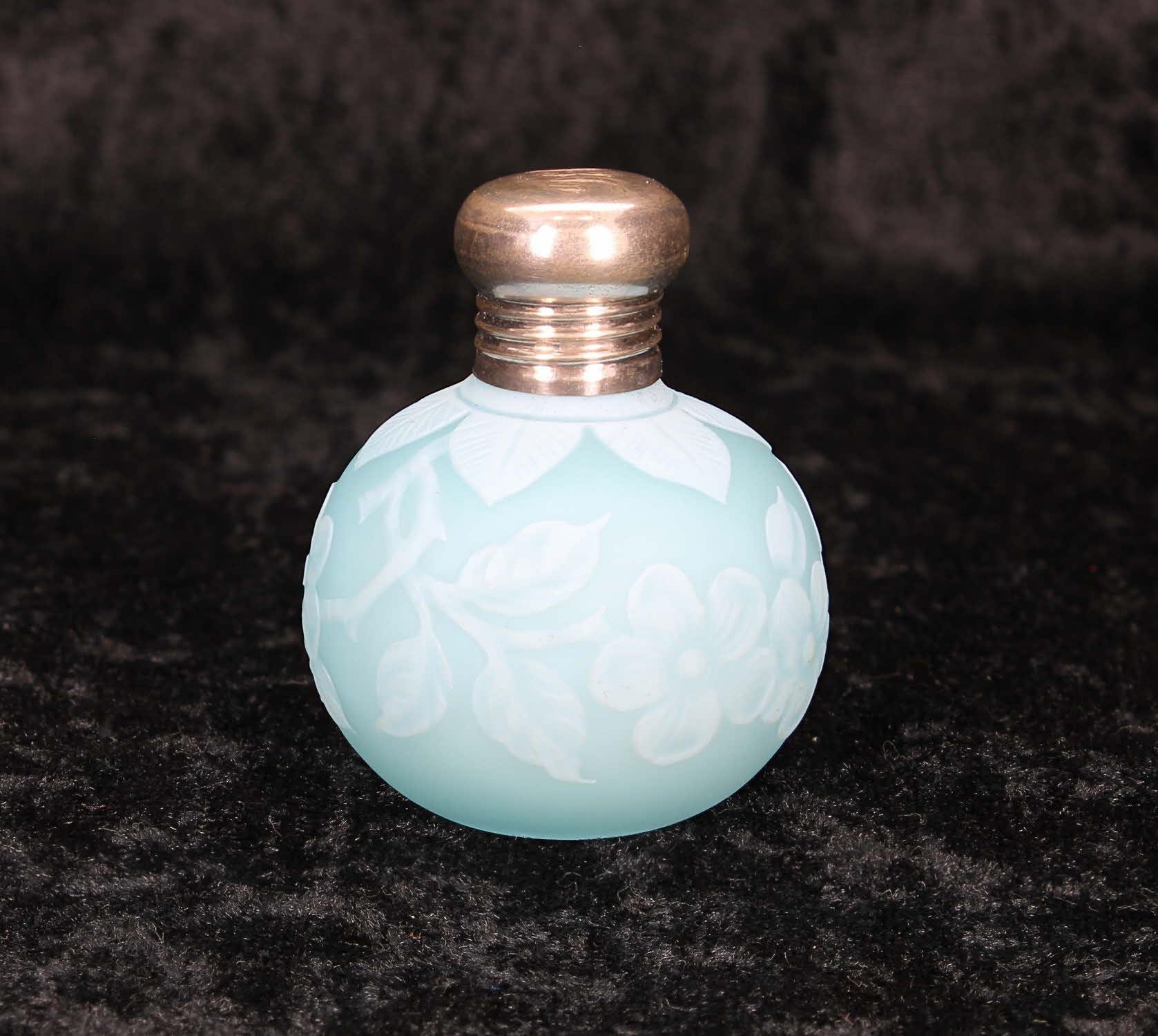 Miniature silver mounted overlaid cameo glass globe scent bottle probably by Thomas Webb,