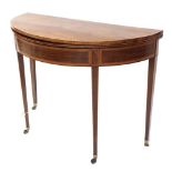 19th century mahogany and satinwood inlay demi-lune fold-over tea table, raised on square tapered