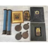 Four decorative religious icons, three on wood panel, the other a print on paper, three within in