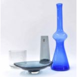 Collection of art glass items including a modernist blue glass knopped conical vase, 18.25" high,