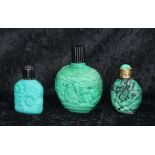 Malachite scent bottle, with pierced gilt metal and hardstone screw cover, 2.25" high; a larger