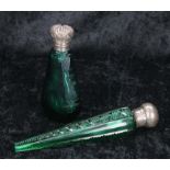 Victorian silver mounted green cut-glass glass teardrop scent bottle, the silver hinged cover marked