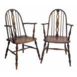Pair of Windor stick back chairs, with arch back over pierced shaped splat, the arms on turned