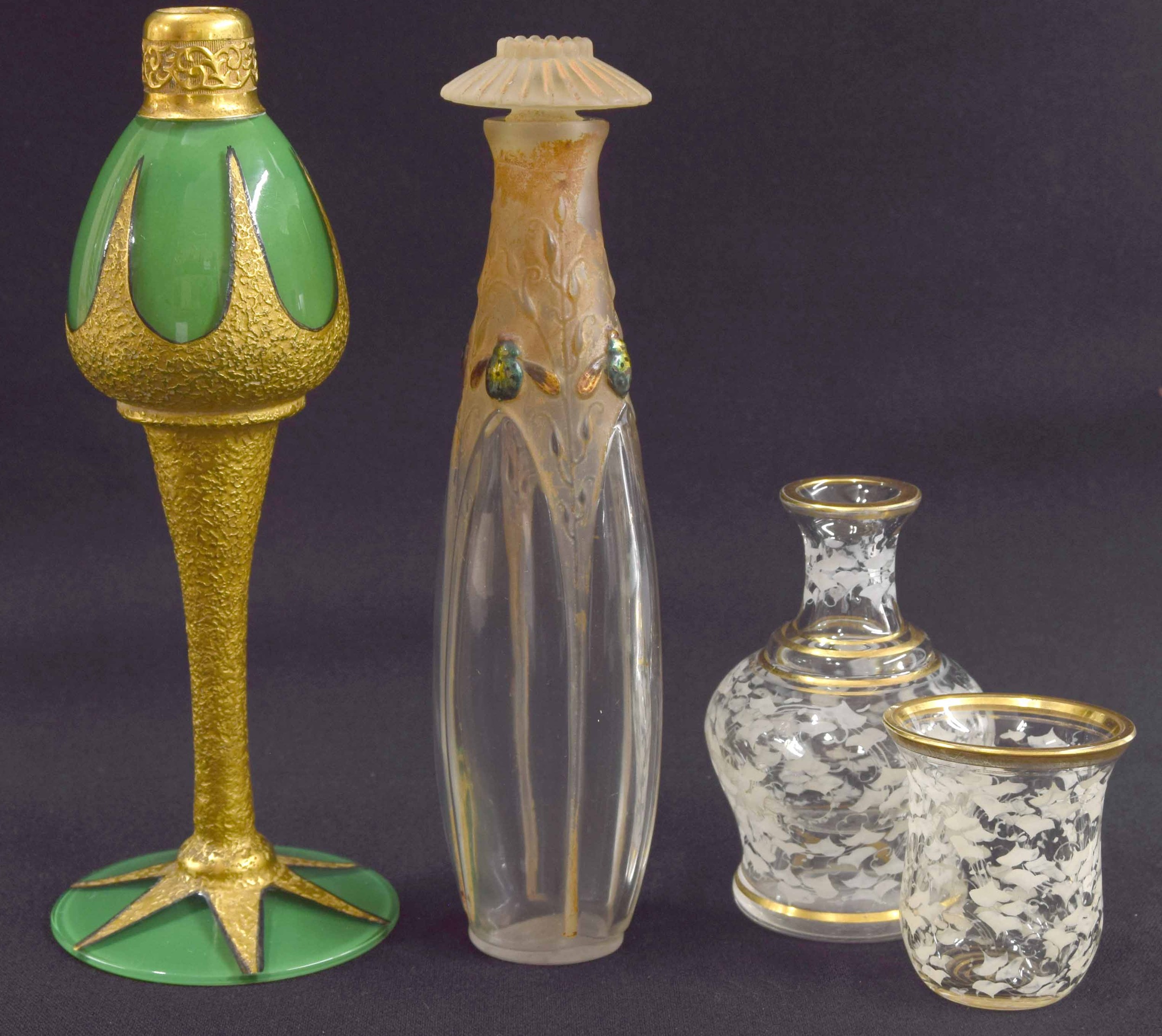 Vintage De Vilbiss perfume atomiser, gilt on green glass, 6" high; French moulded clear and