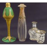 Vintage De Vilbiss perfume atomiser, gilt on green glass, 6" high; French moulded clear and