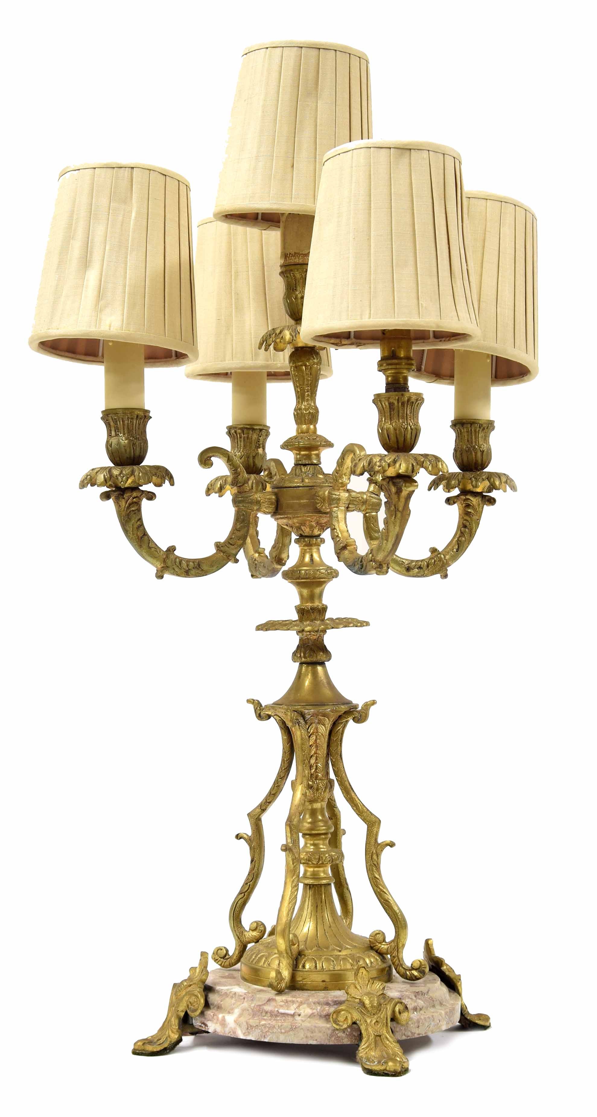 French cast gilt metal and rouge marble candelabra/table lamp, 25" high including shades