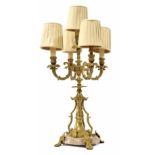 French cast gilt metal and rouge marble candelabra/table lamp, 25" high including shades