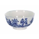 Worcester first period blue and white porcelain bowl, decorated with the Three Ladies pattern