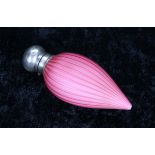 Victorian silver mounted pink satin glass teardrop scent bottle, the reeded shaped body with