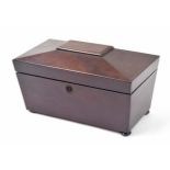 Victorian mahogany sarcophagus tea caddy, the hinged cover enclosing a divided interior with