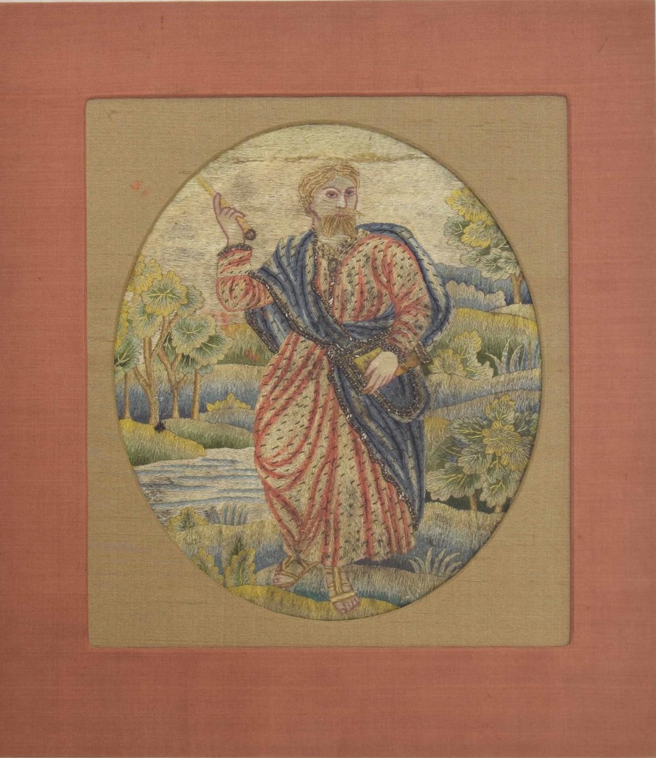 18th century needlework picture of a Saint, stood by a river with trees beyond, 10.5" high, 9" wide,