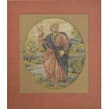 18th century needlework picture of a Saint, stood by a river with trees beyond, 10.5" high, 9" wide,