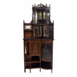 Edwardian rosewood inlaid standing corner display cabinet, the raised mirrored back with turned