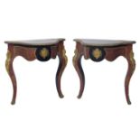 Pair of French Napoleon III boulle ebonised serpentine console tables, with applied gilt metal