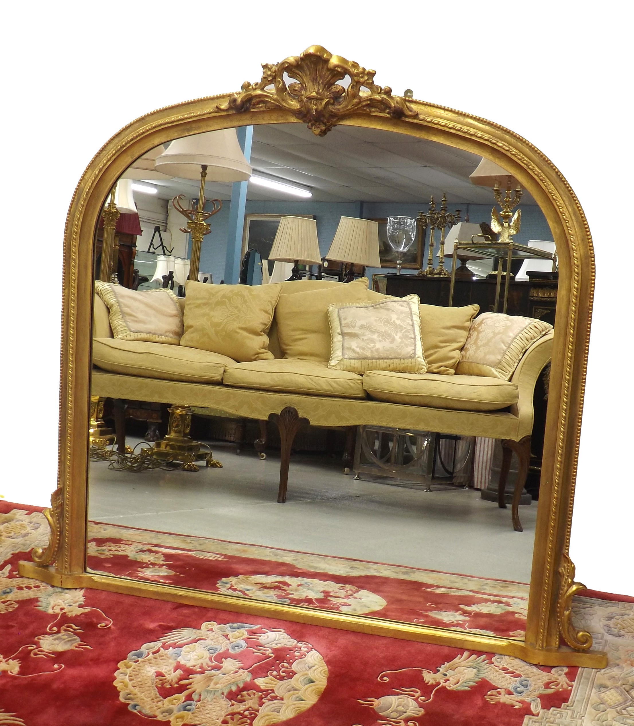 Victorian style gilt archtop overmantel wall mirror, 54" wide, 48" high