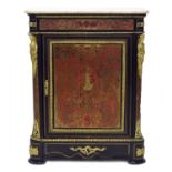 French 19th century ebonised boulle work pier cabinet, the marble top over a single panelled door