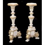 Pair of decorative cream painted and gilded hexagonal torcheres, 39.5" high (2)