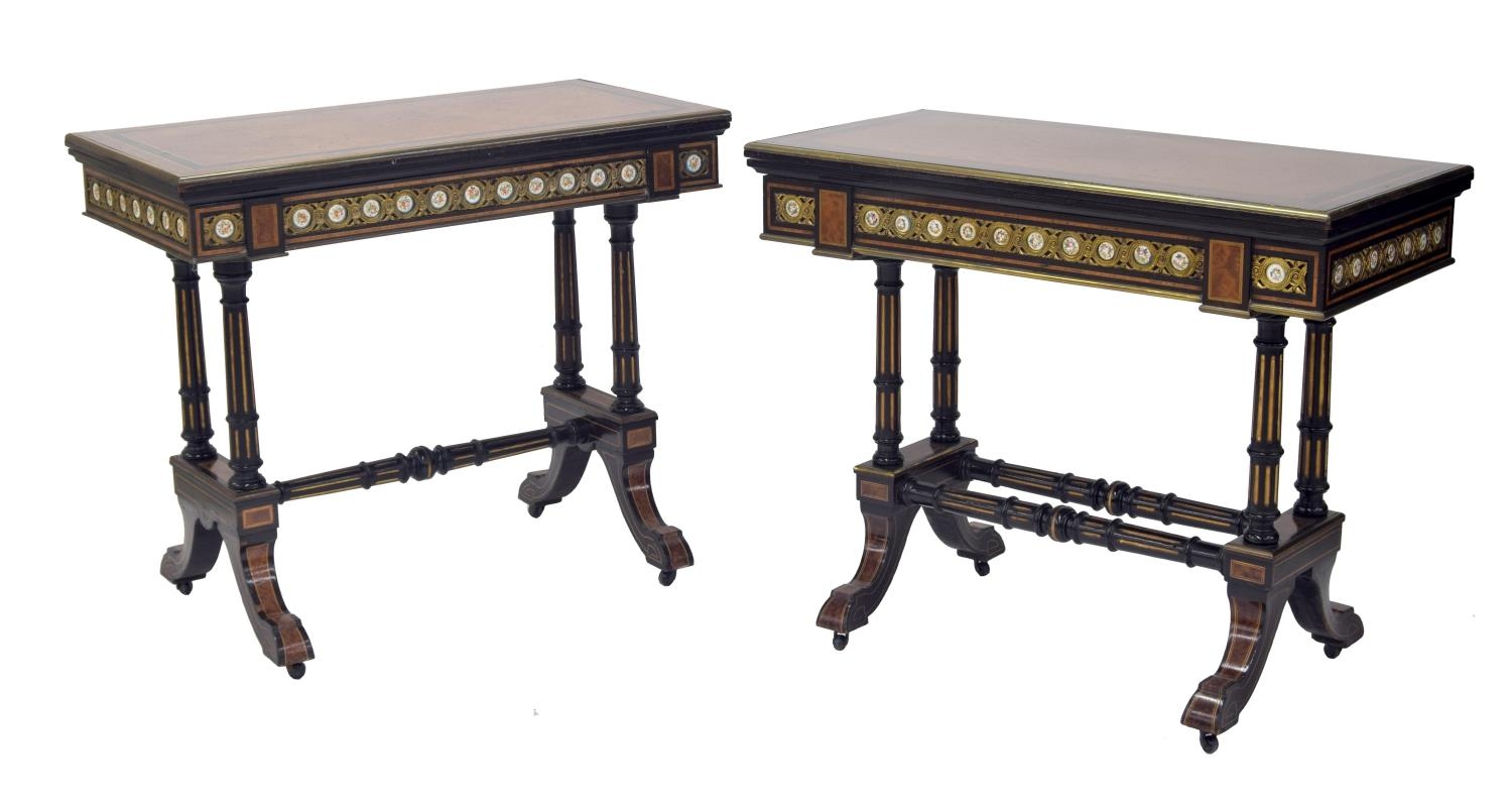 Good matched pair of 19th century ebony and burr yew fold-over card tables, the rectangular tops