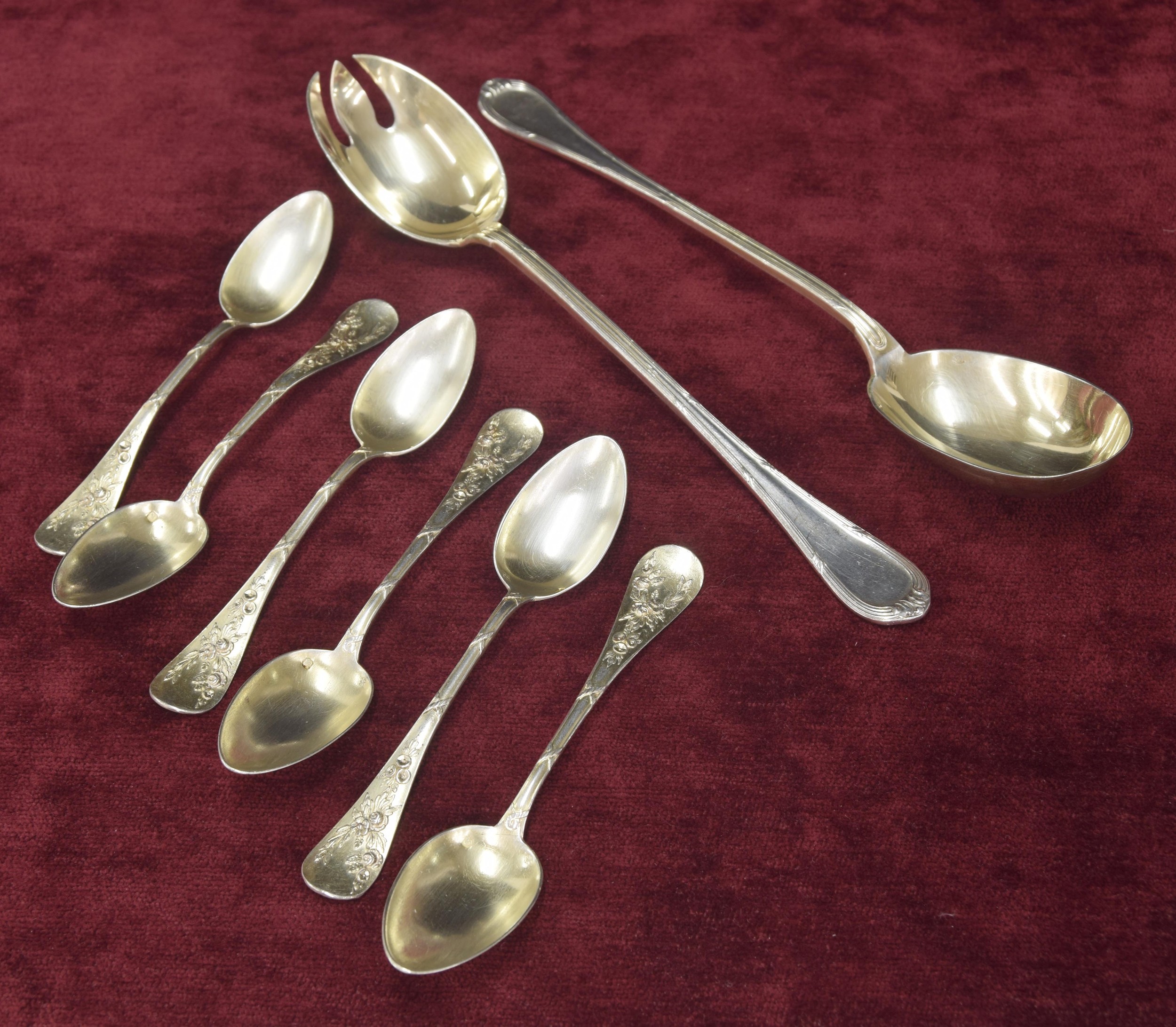 Pair of French silver salad serving spoons, marked H & C (Henin & Cie) 10" long; together with six