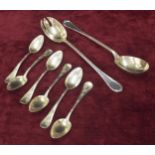 Pair of French silver salad serving spoons, marked H & C (Henin & Cie) 10" long; together with six
