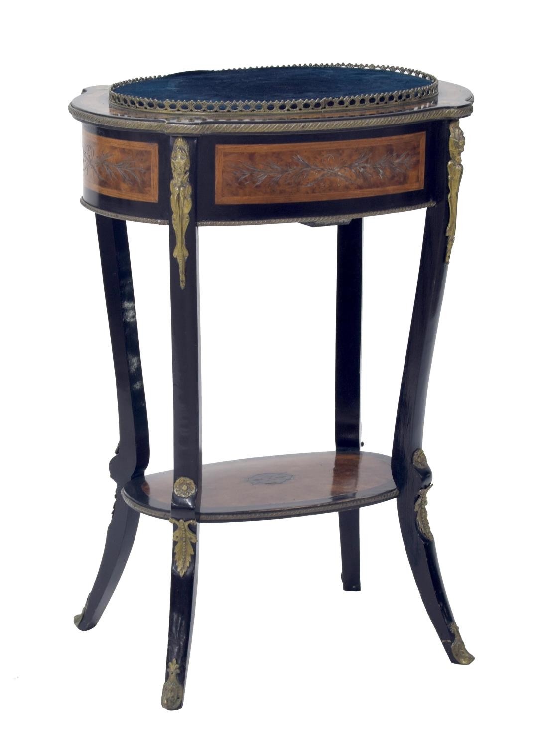 French late 19th century amboyna and ebonised oval jardinière stand, with applied classical gilt