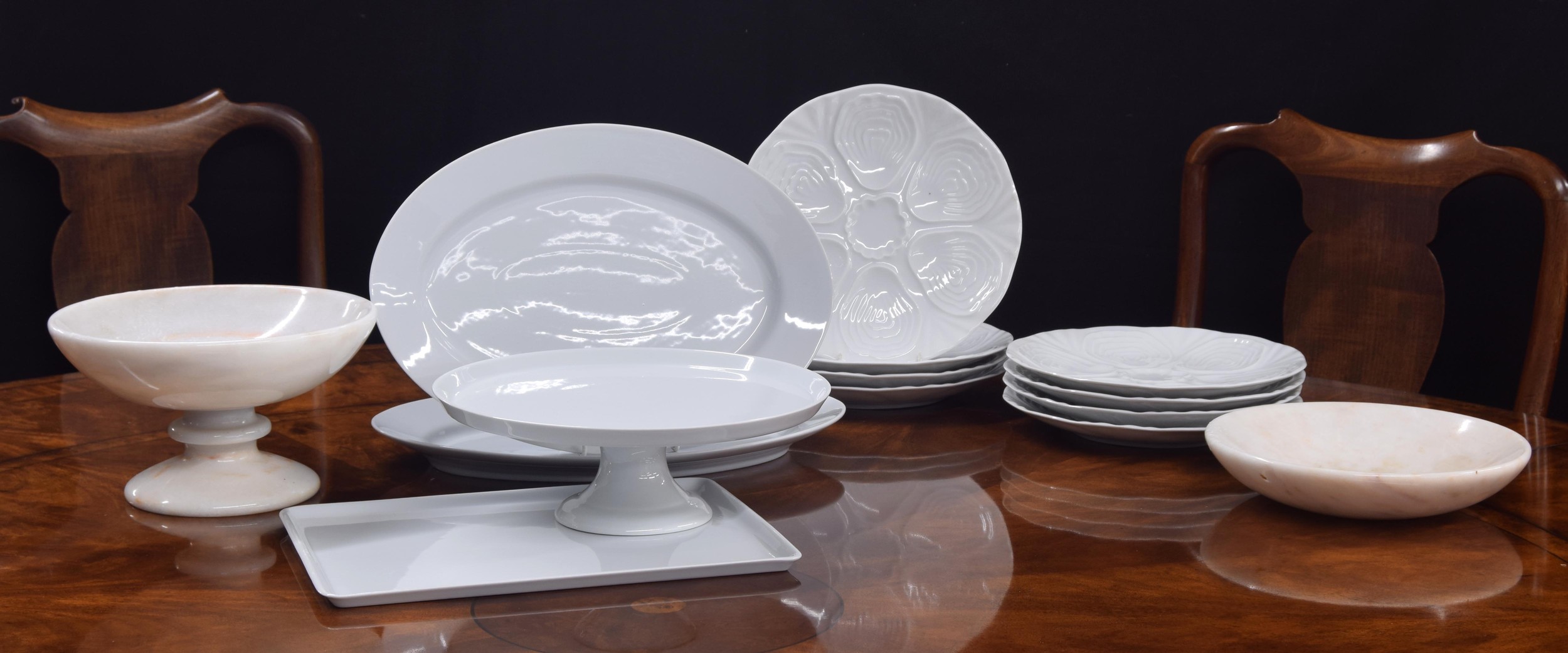 Set of eight Porcelain de Limoges oyster plates, 10.5" diameter; with further Limoges white