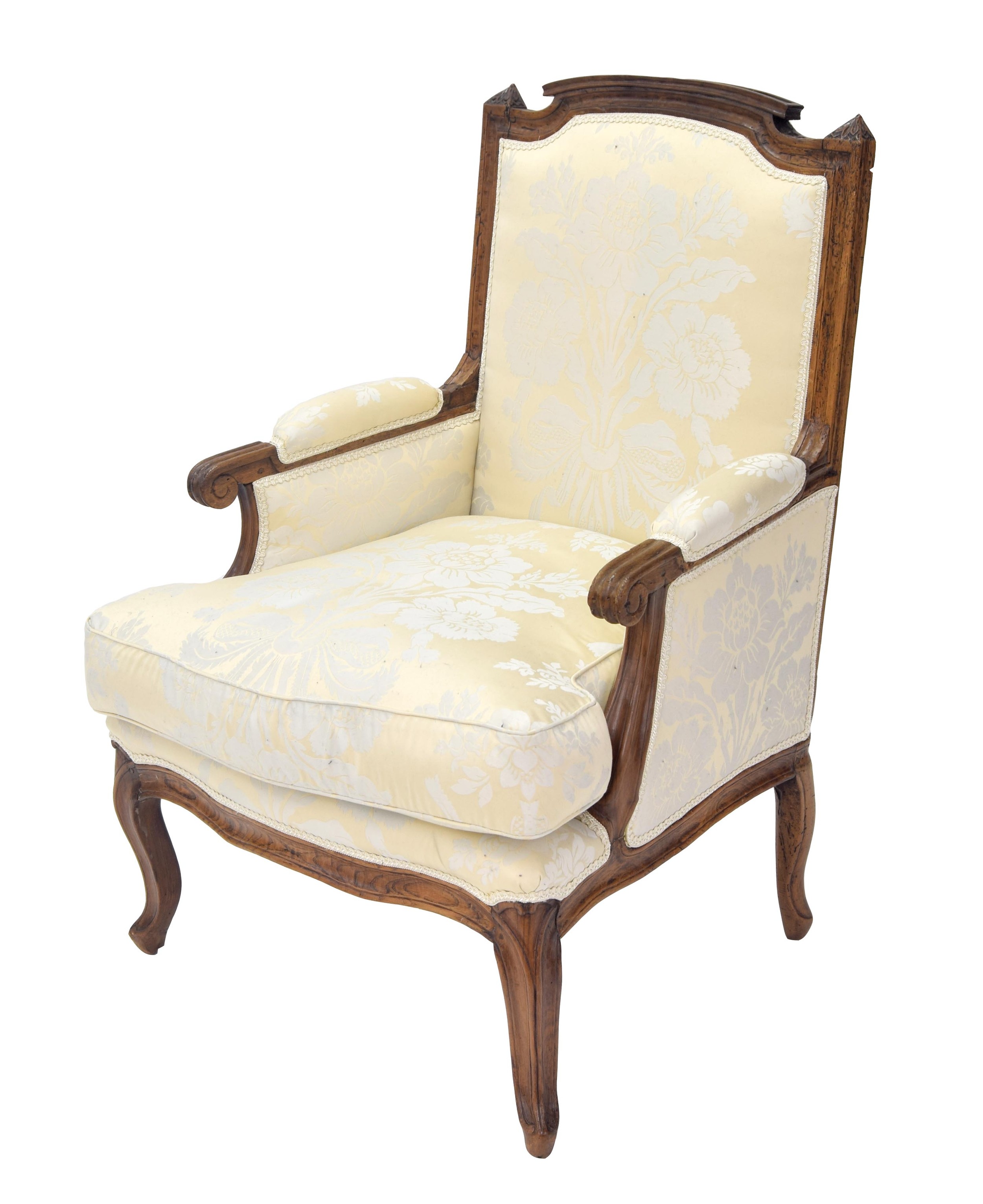 French upholstered armchair in floral cream damask, 26"wide approx, the back height 39"