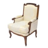 French upholstered armchair in floral cream damask, 26"wide approx, the back height 39"