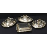 Pair of oval silver plated entrée dishes and covers with beadwork decoration, 12" wide; together