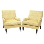 Good pair of India Jane Windsor Plume pale yellow feather pattern upholstered easy chairs, upon