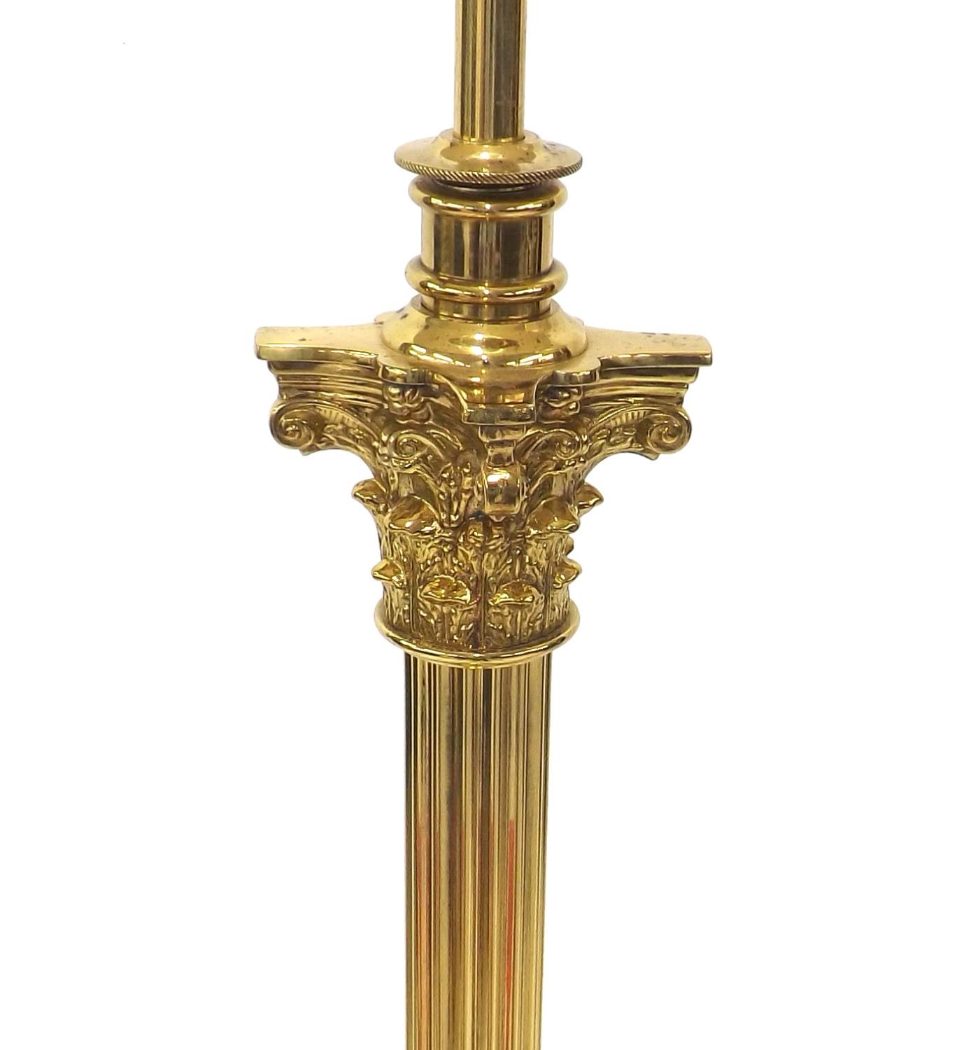 Matched pair of Corinthian column telescopic brass standard lamps with paw feet, with silk shades, - Image 5 of 5