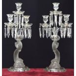 Fine pair of Baccarat branch candelabra, having cut lustre drops, each frosted figural pillar formed
