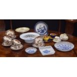 Assorted porcelain tableware including French reticulated blue and white bowls, six Royal Doulton