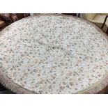 Pair of round lined table cloths with butterfly designs and fringed borders, 80" diameter approx (2)