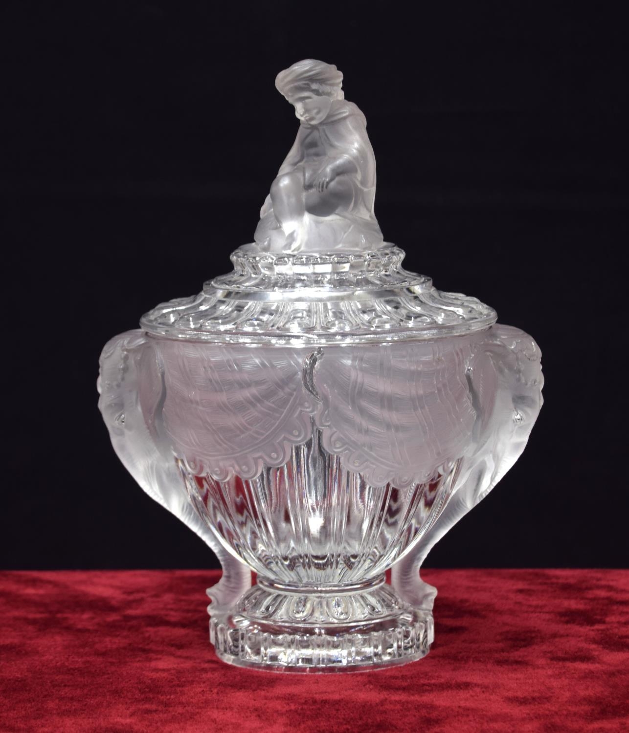 Baccarat clear and frosted glass bonbon dish and cover, with twin moulded elephant's head handles,
