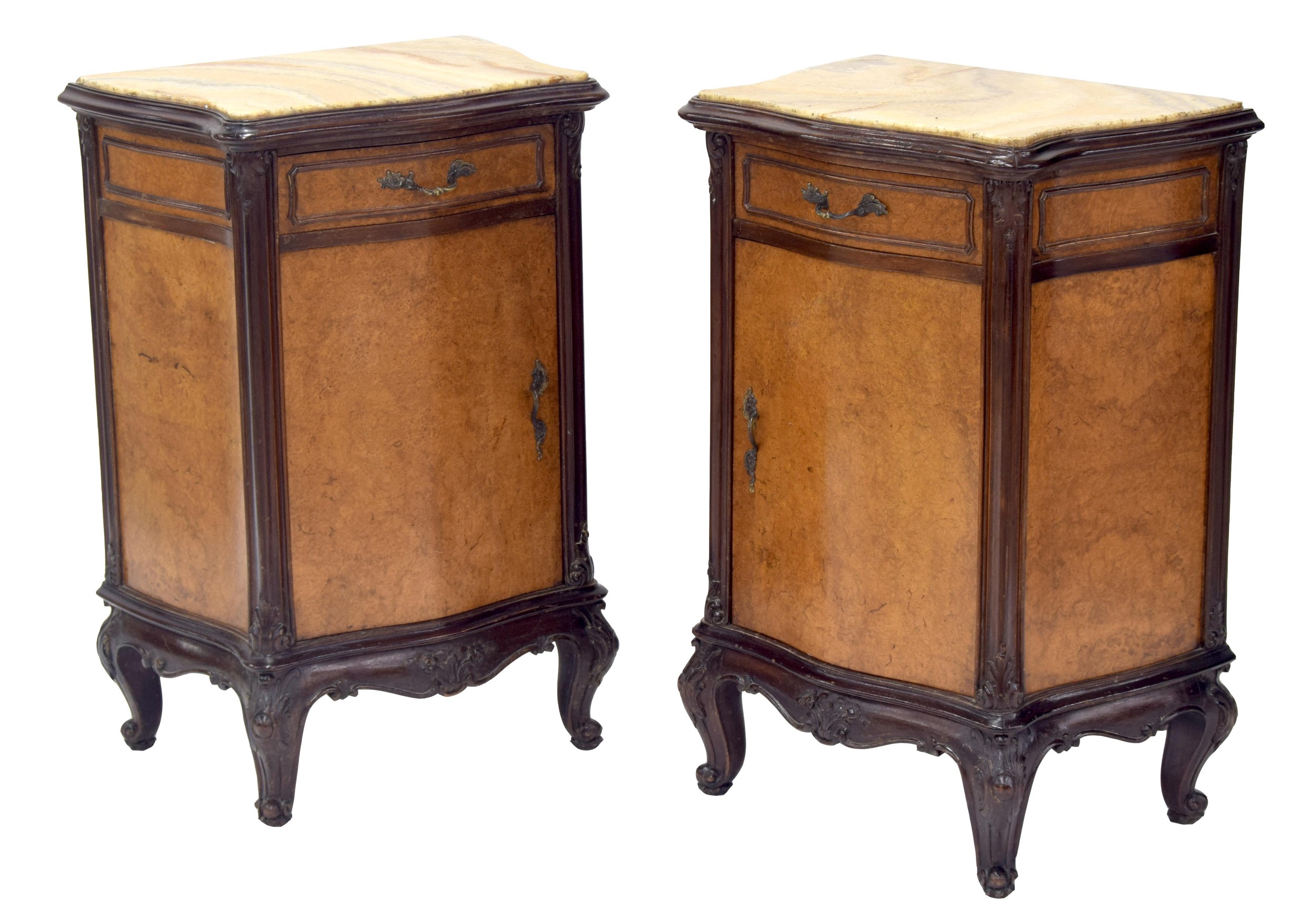 Pair of French burr walnut serpentine marble top bedside cabinets; together with a matching double - Image 2 of 2